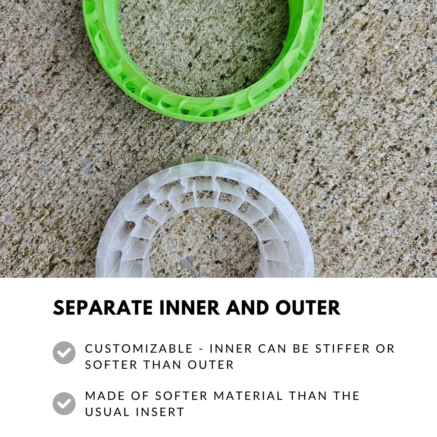 A 1.9 x 4.75 Dual Stage 3D Printed Tire Foam Insert for RC Crawlers, separate inner and outer rings benefits.