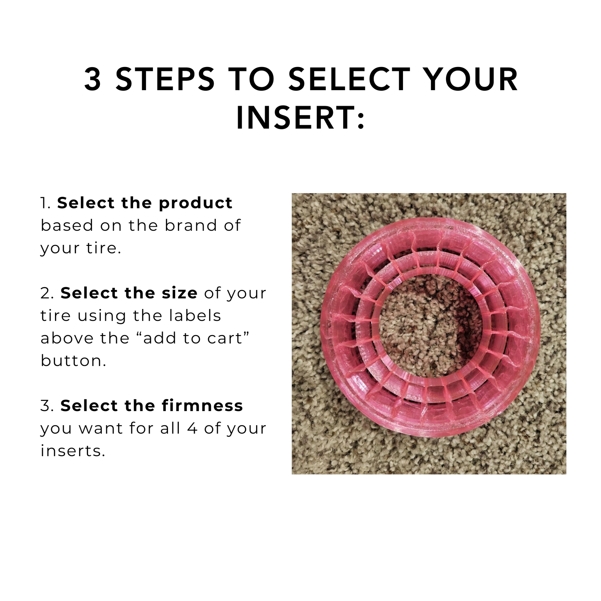 Breakdown of the three steps to selecting your JConcepts tire foam inserts on the product page.