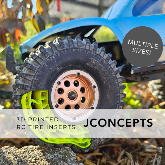 RC crawler with 3d printed tire insert showing underneath crawler tire for JConcepts tires.. 