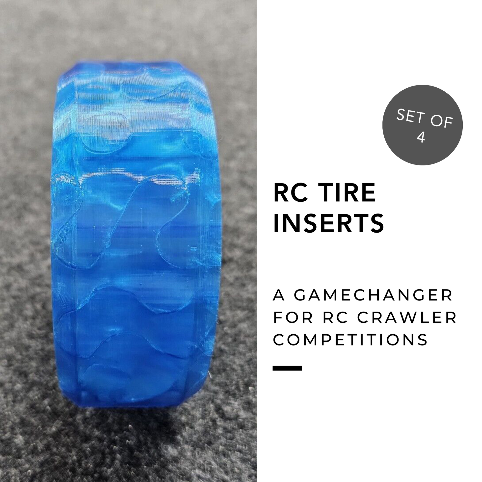 A side view of a blue tire insert which was 3d printed for an RC crawler Proline tire.